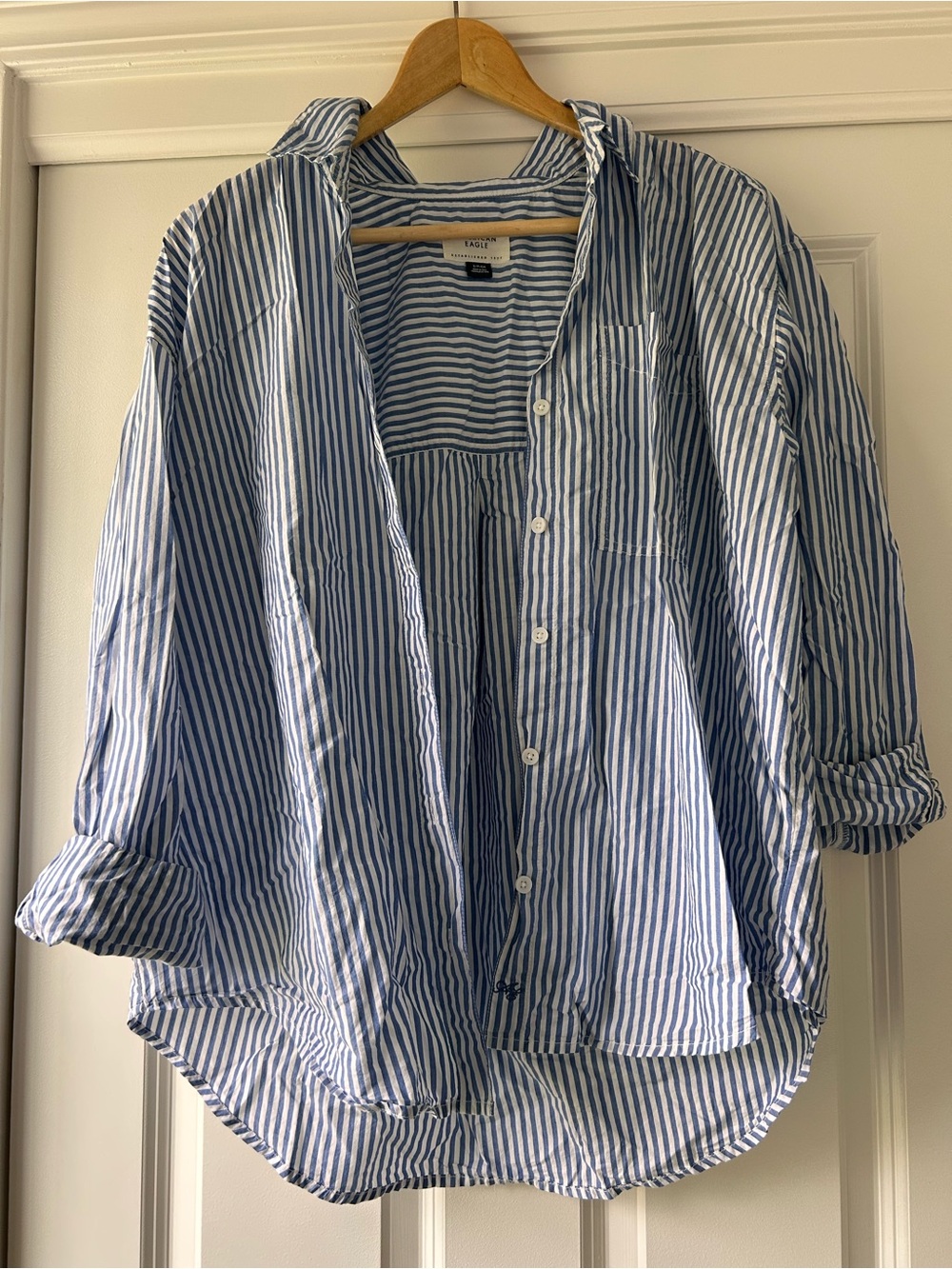 American Eagle Outfitters Blue and White Striped Button-Down Shirt